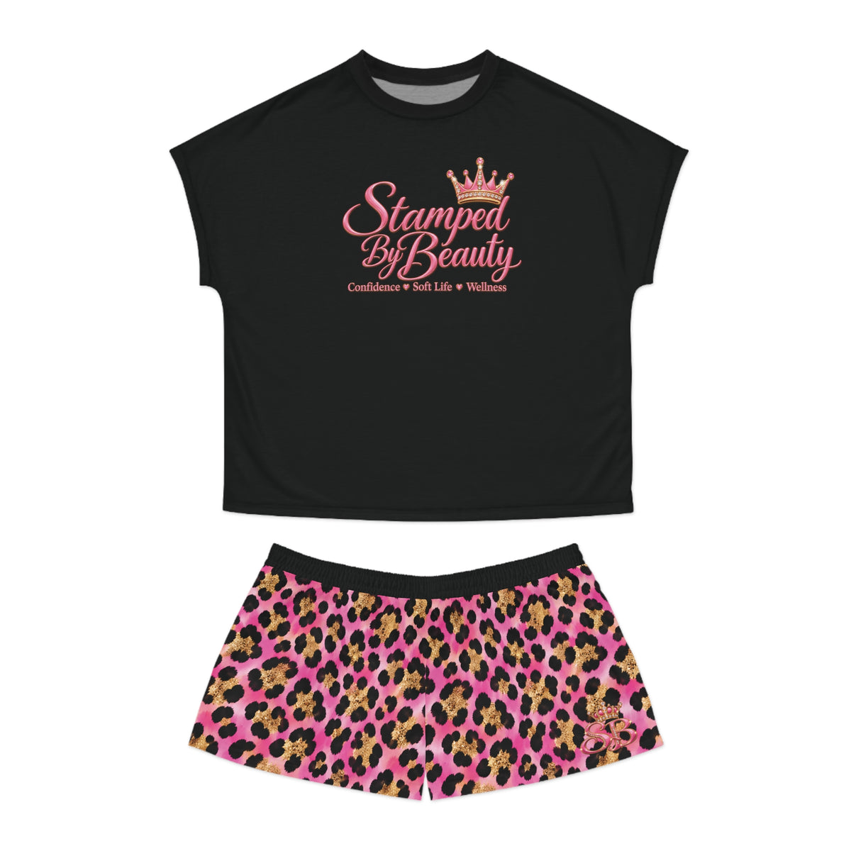 Stamped By Beauty Women's Short Pajama Set — Black Tee / Pink Leopard Shorts