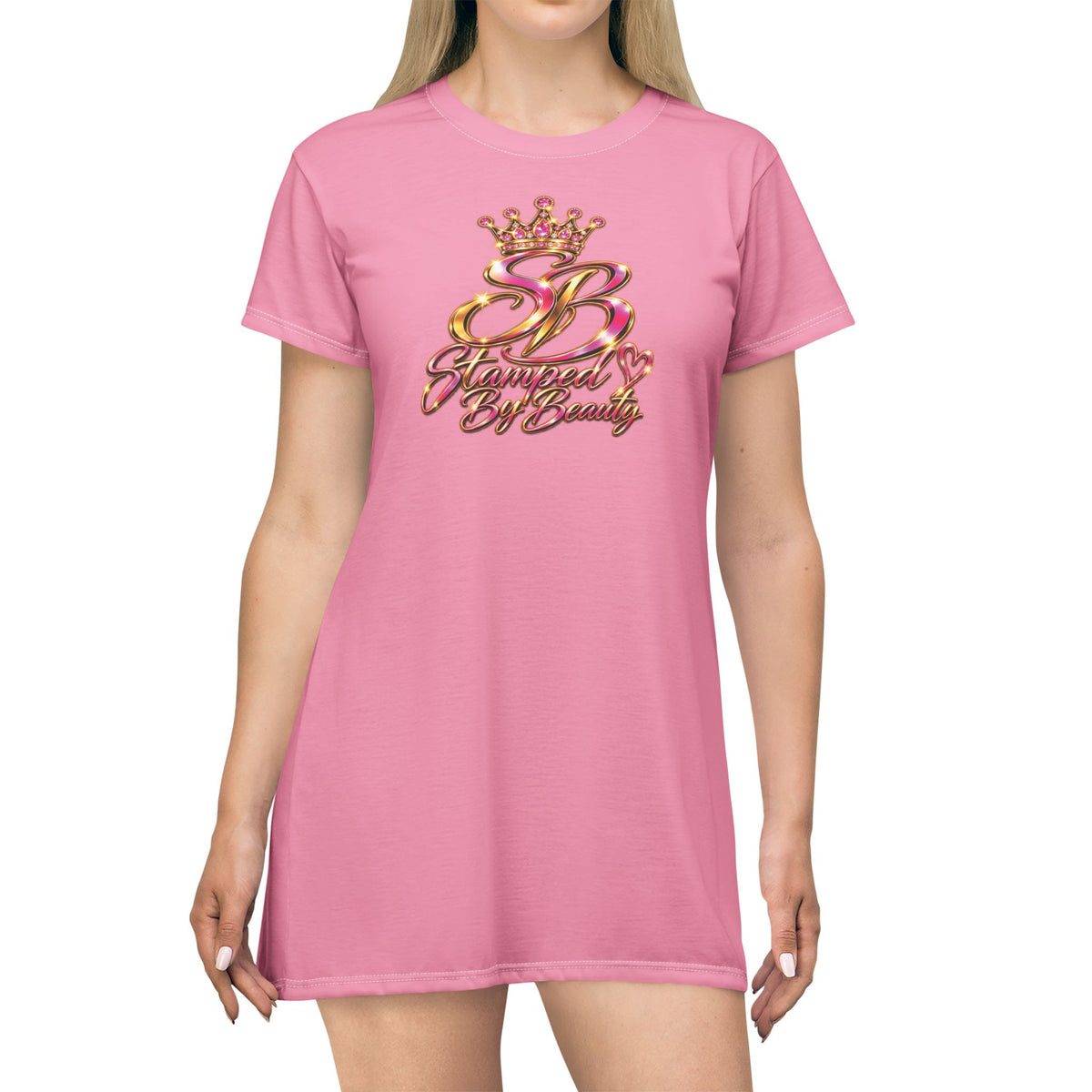 Stamped By Beauty Crown T-Shirt Dress — Solid Pink