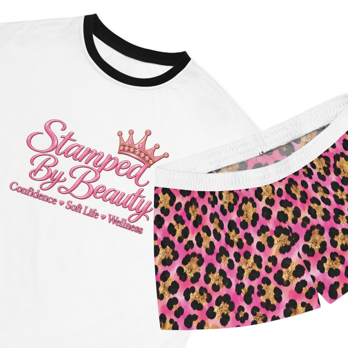 Stamped By Beauty Women's Short Pajama Set — White Tee / Pink Leopard Shorts