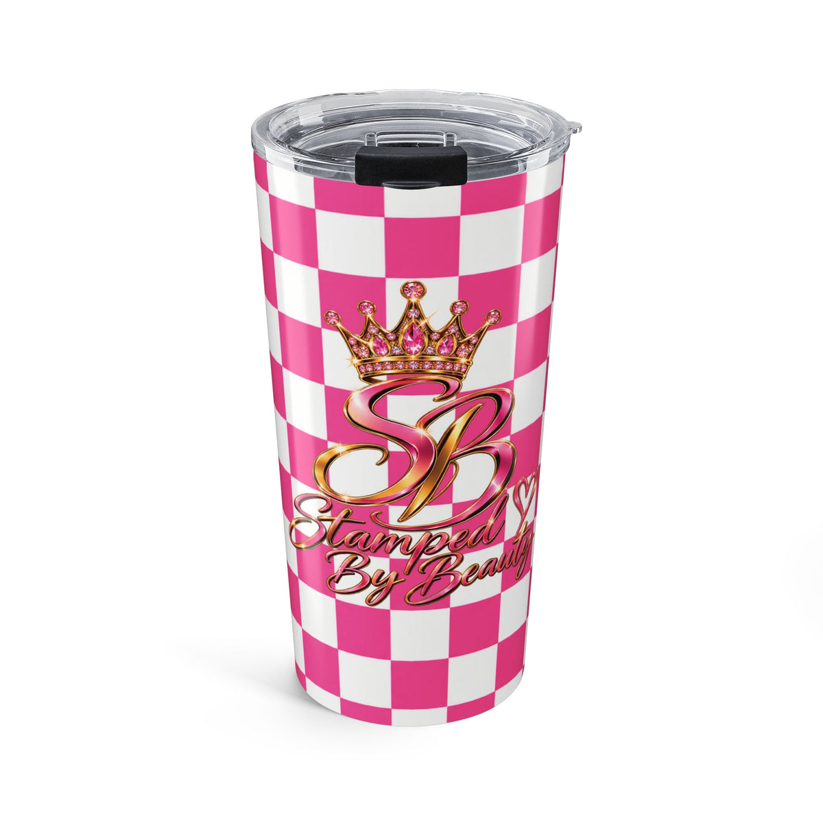 20oz Stamped By Beauty Tumbler — Pink Checkerboard Crown