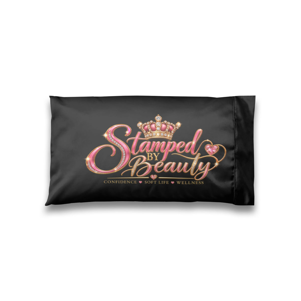 Stamped By Beauty Satin Pillowcase — Black Crown Script