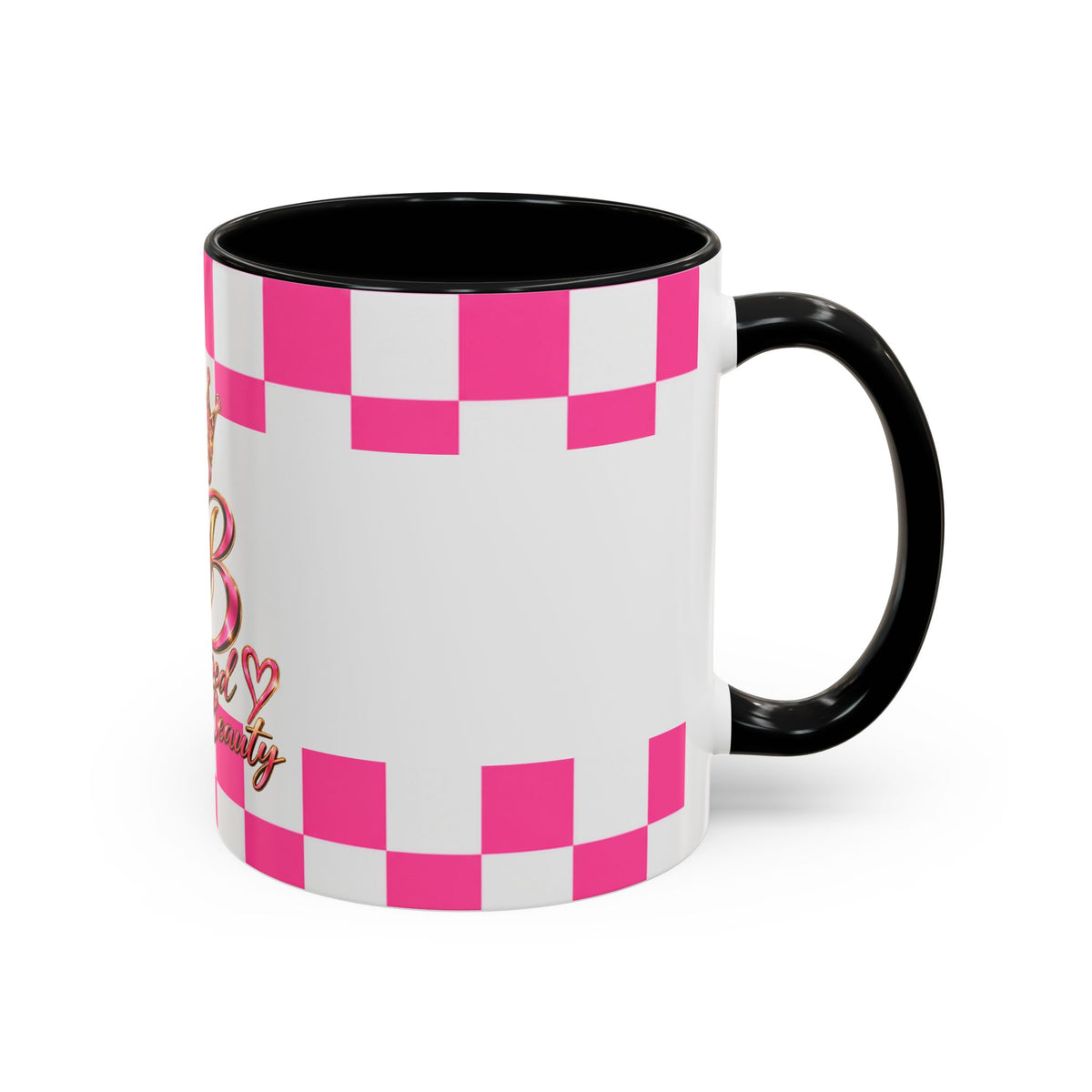 Stamped By Beauty Pink Checkerboard Accent Mug — Crown Monogram