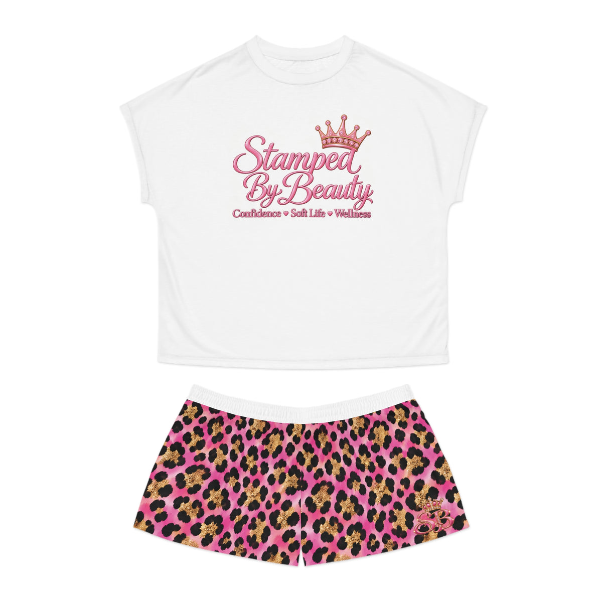 Stamped By Beauty Women's Short Pajama Set — White Tee / Pink Leopard Shorts