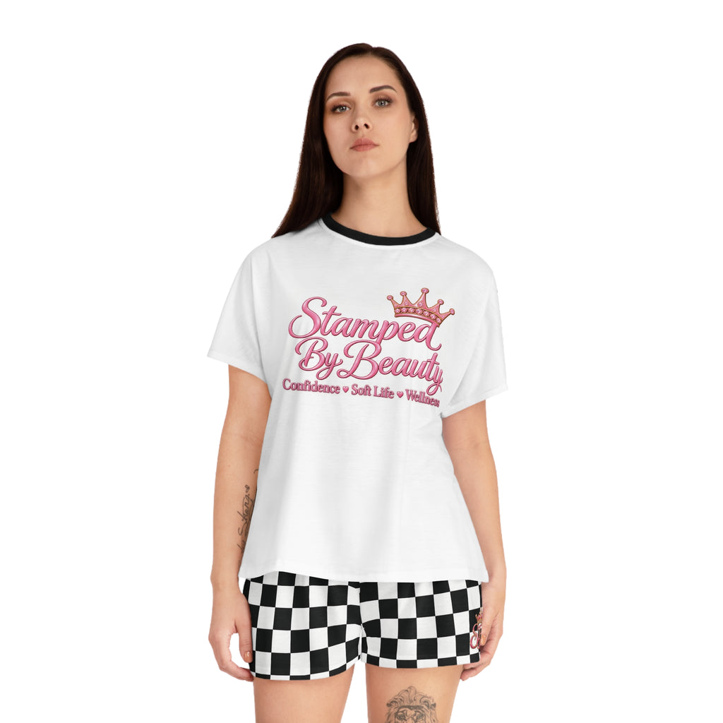Stamped By Beauty Women's Short Pajama Set — White Tee / Checkerboard Shorts