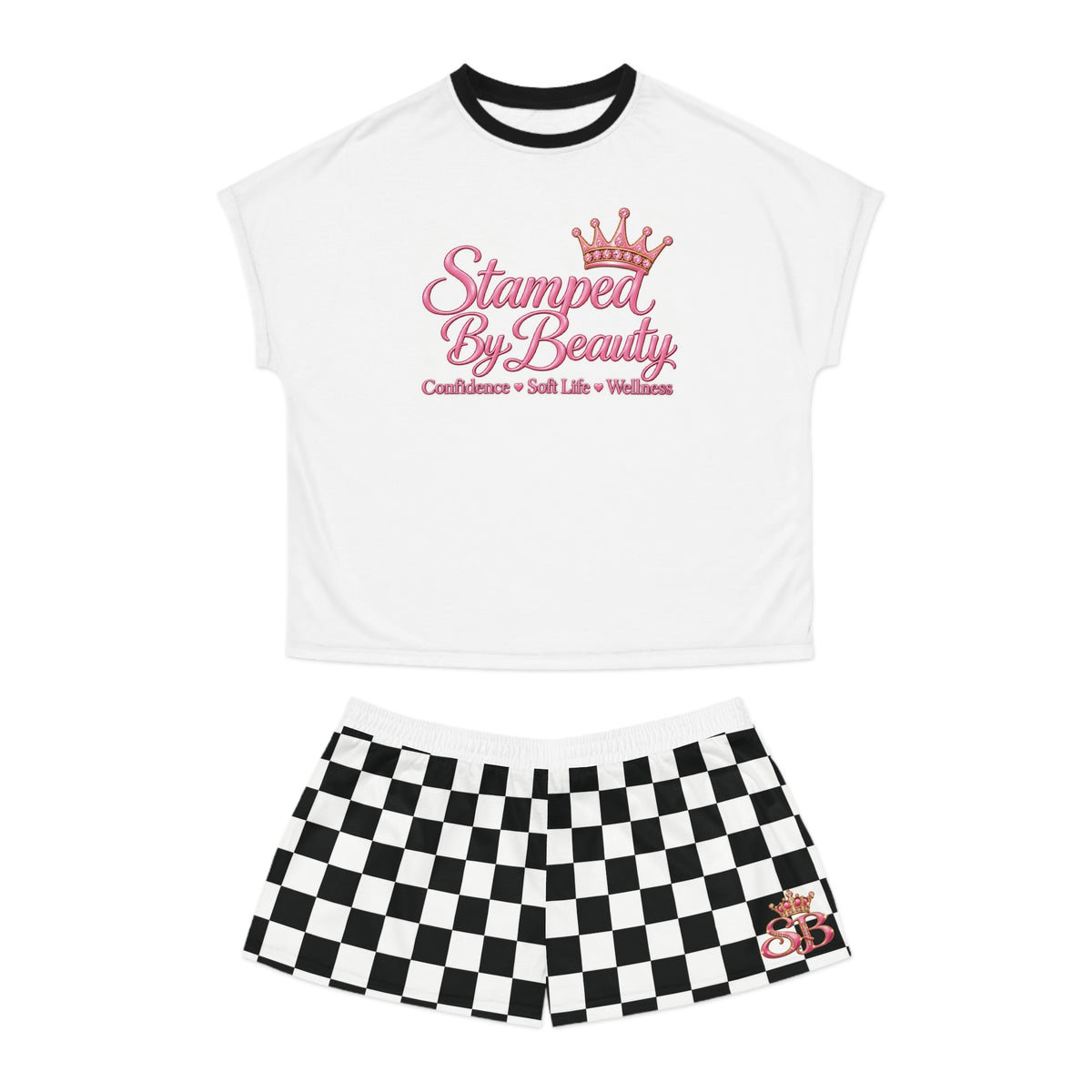 Stamped By Beauty Women's Short Pajama Set — White Tee / Checkerboard Shorts