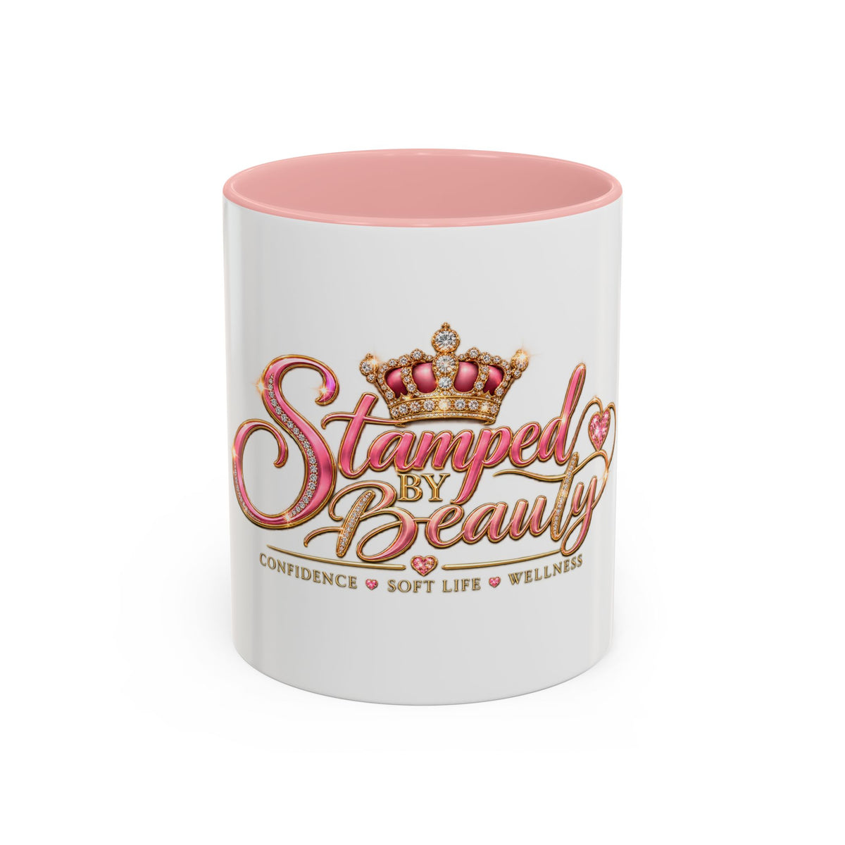 Stamped By Beauty White and Pink Accent Mug — Crown Script