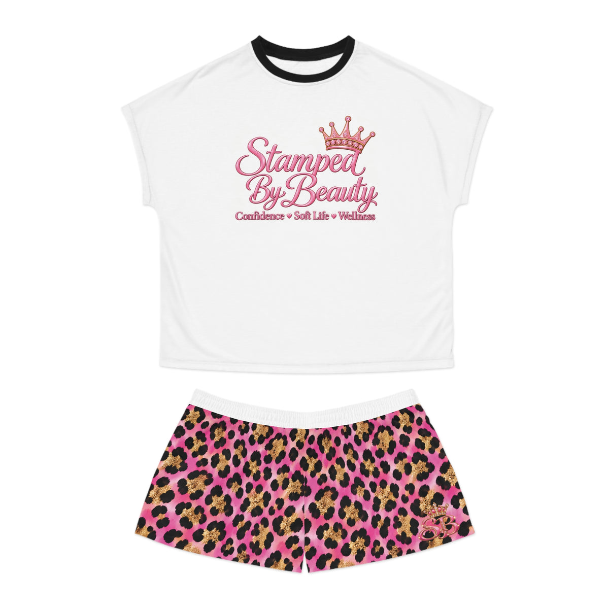 Stamped By Beauty Women's Short Pajama Set — White Tee / Pink Leopard Shorts