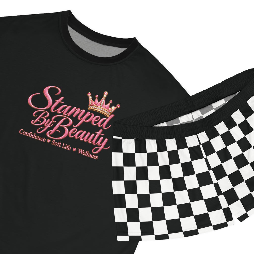 Stamped By Beauty Women's Short Pajama Set — Black Tee / Checkerboard Shorts