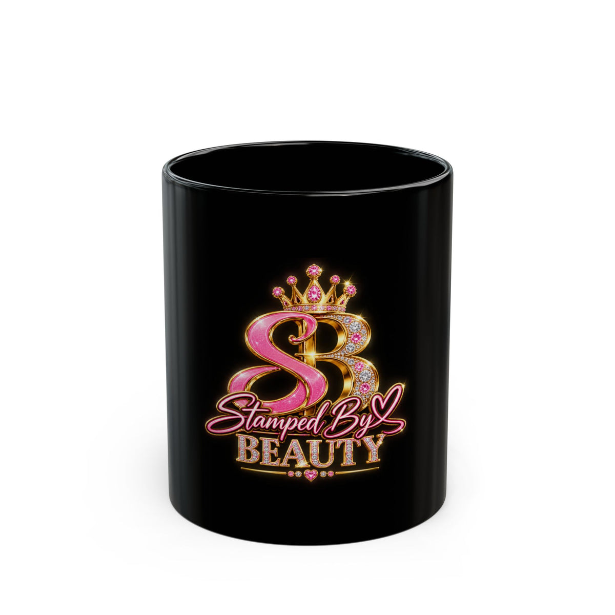 Stamped By Beauty Black Mug — Pink & Gold Crown Logo