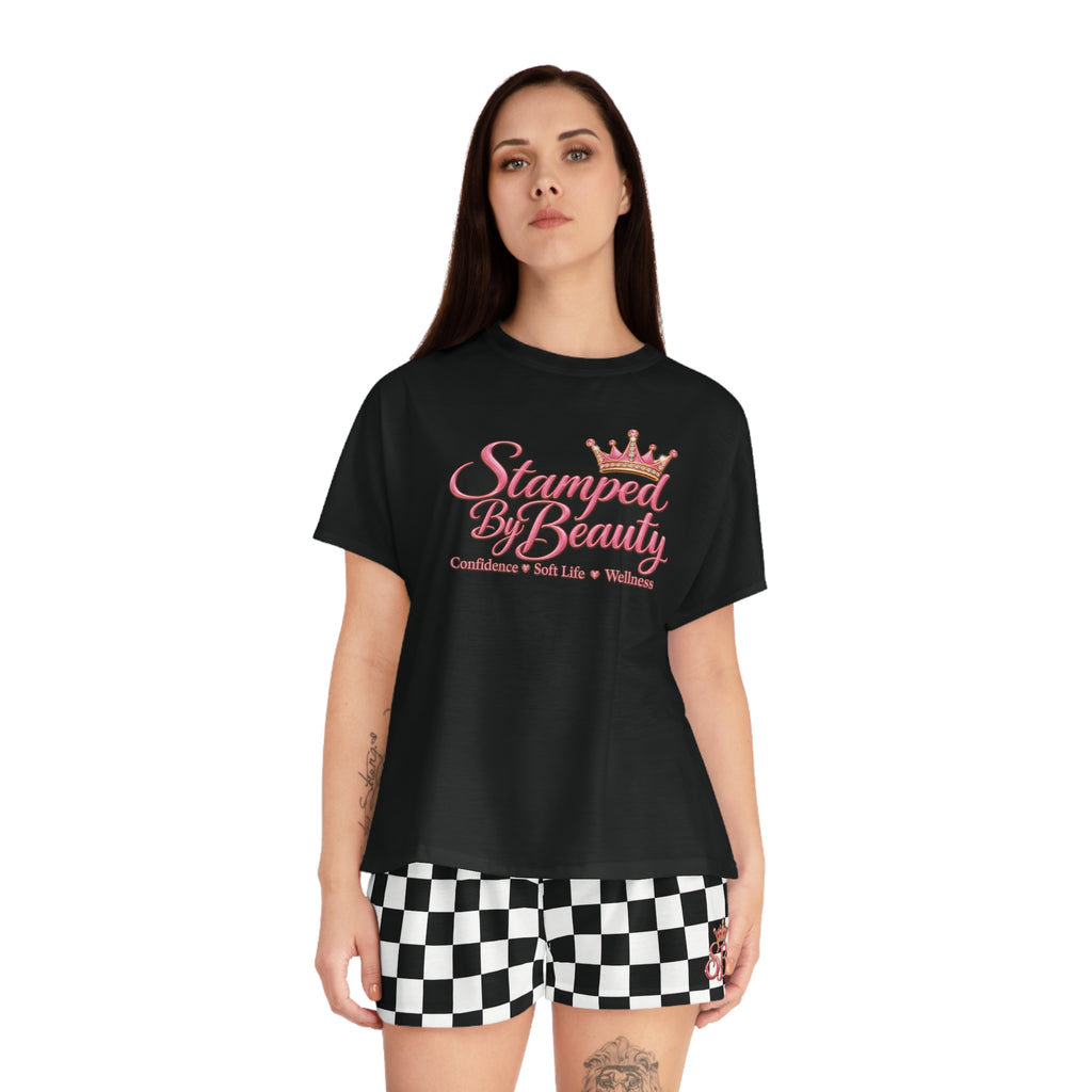Stamped By Beauty Women's Short Pajama Set — Black Tee / Checkerboard Shorts