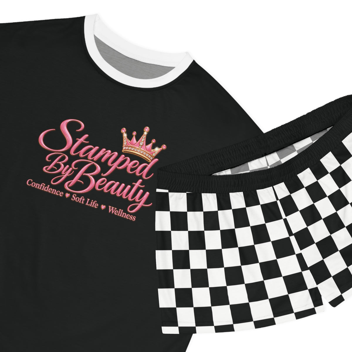 Stamped By Beauty Women's Short Pajama Set — Black Tee / Checkerboard Shorts