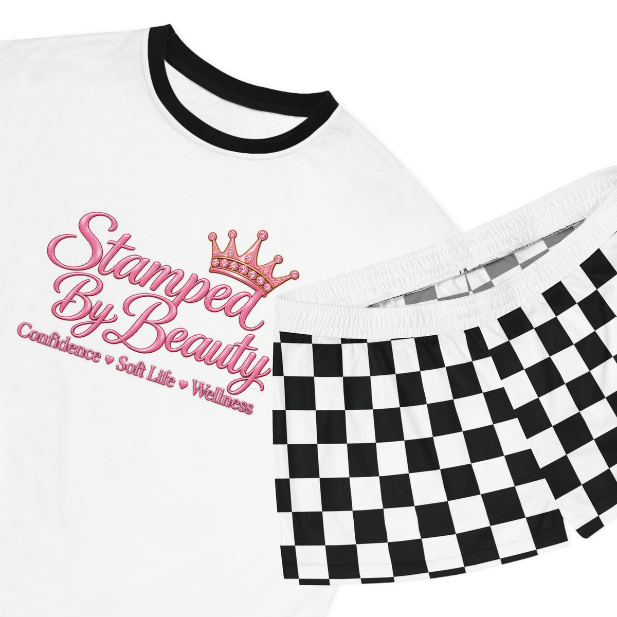 Stamped By Beauty Women's Short Pajama Set — White Tee / Checkerboard Shorts