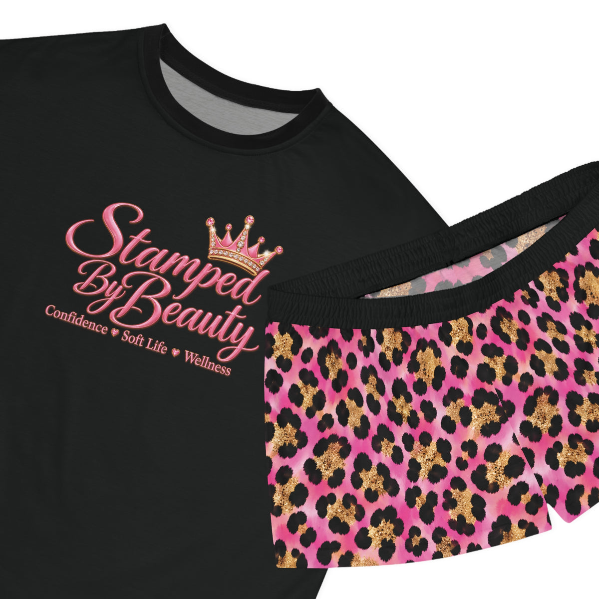Stamped By Beauty Women's Short Pajama Set — Black Tee / Pink Leopard Shorts