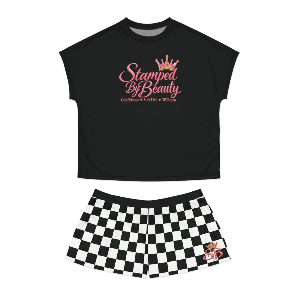 Stamped By Beauty Women's Short Pajama Set — Black Tee / Checkerboard Shorts