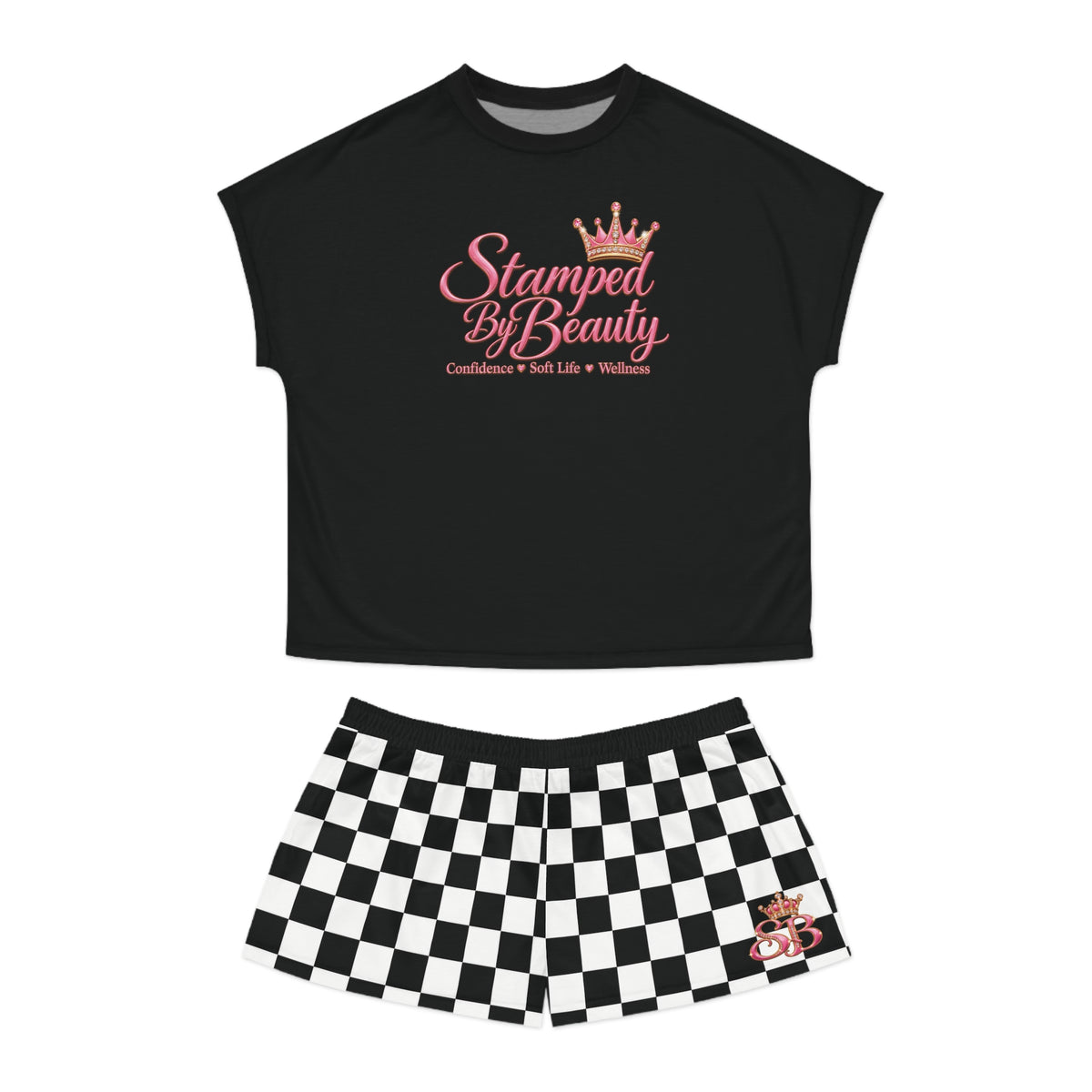 Stamped By Beauty Women's Short Pajama Set — Black Tee / Checkerboard Shorts
