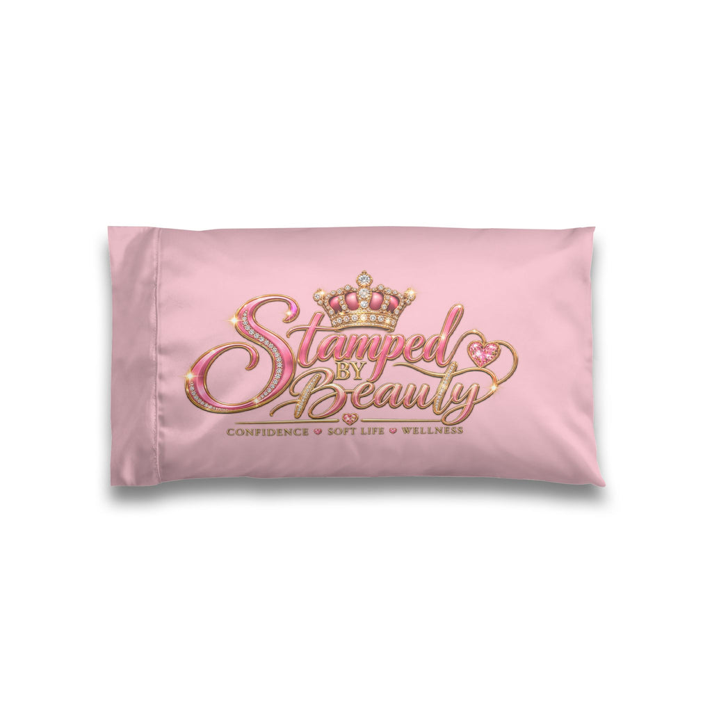 Stamped By Beauty Satin Pillowcase — Light Pink Crown Script