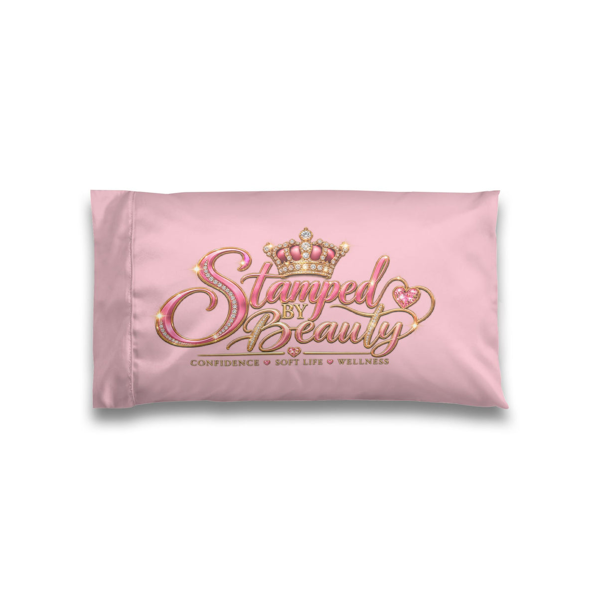 Stamped By Beauty Satin Pillowcase — Light Pink Crown Script