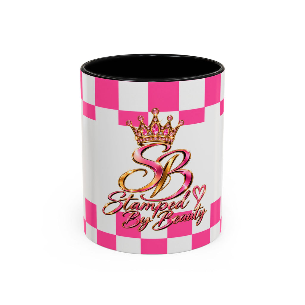 Stamped By Beauty Pink Checkerboard Accent Mug — Crown Monogram