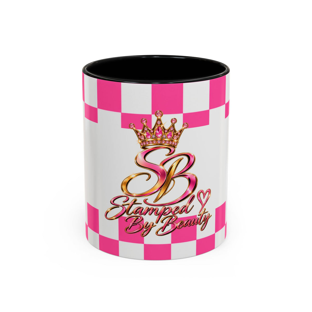 Stamped By Beauty Pink Checkerboard Accent Mug — Crown Monogram