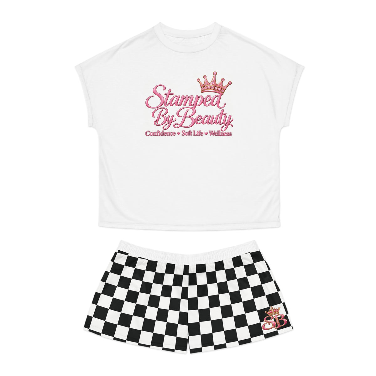 Stamped By Beauty Women's Short Pajama Set — White Tee / Checkerboard Shorts