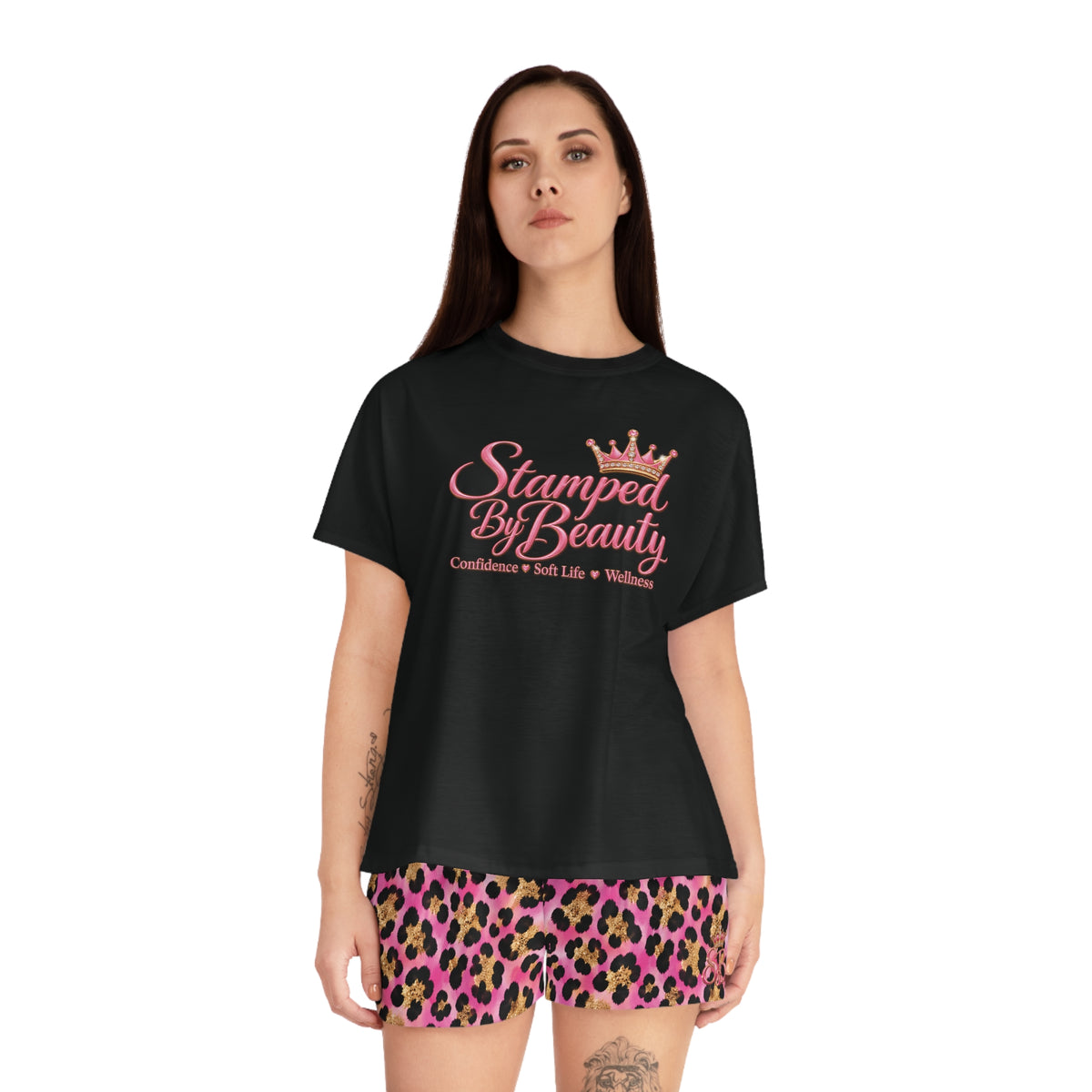 Stamped By Beauty Women's Short Pajama Set — Black Tee / Pink Leopard Shorts