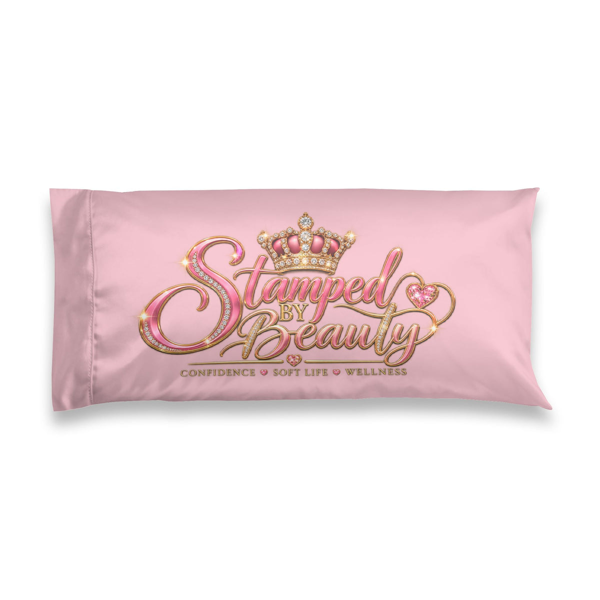 Stamped By Beauty Satin Pillowcase — Light Pink Crown Script