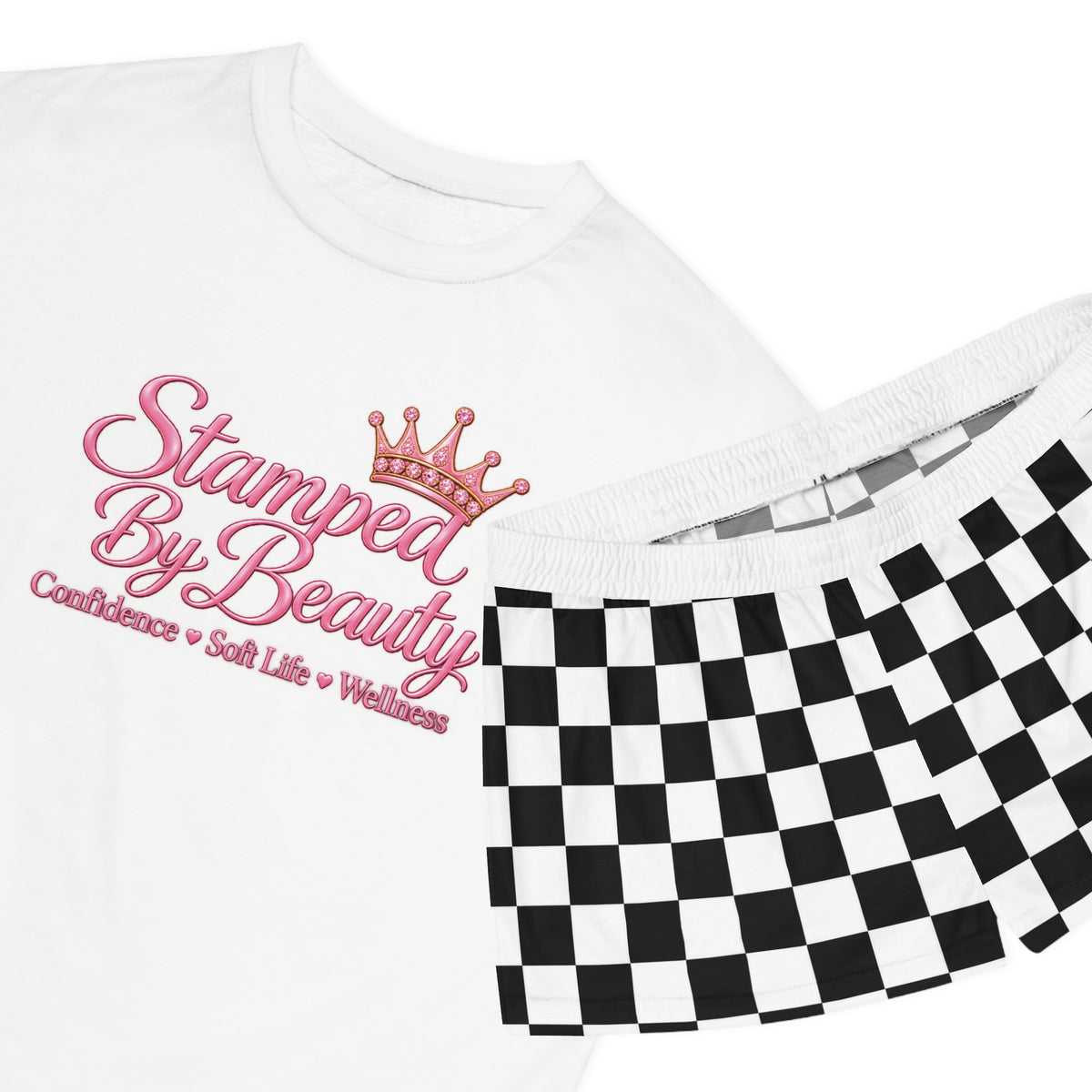 Stamped By Beauty Women's Short Pajama Set — White Tee / Checkerboard Shorts