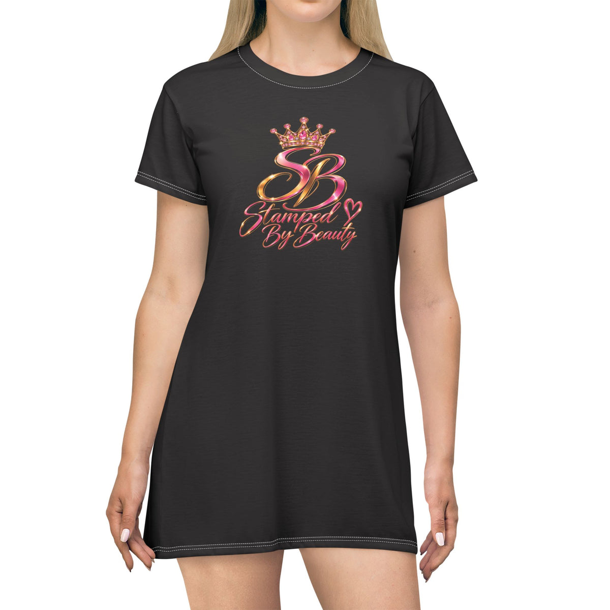 Stamped By Beauty Crown T-Shirt Dress — Solid Black