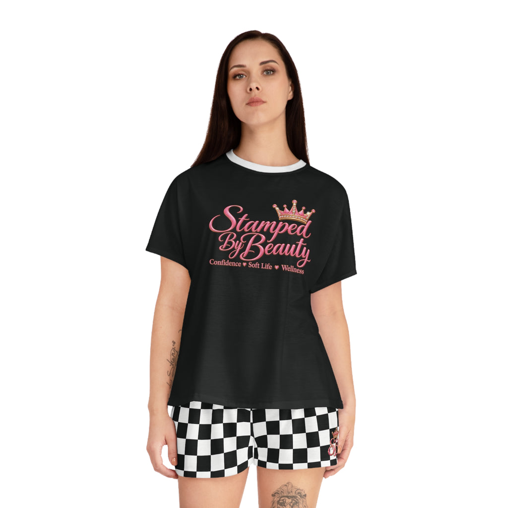 Stamped By Beauty Women's Short Pajama Set — Black Tee / Checkerboard Shorts