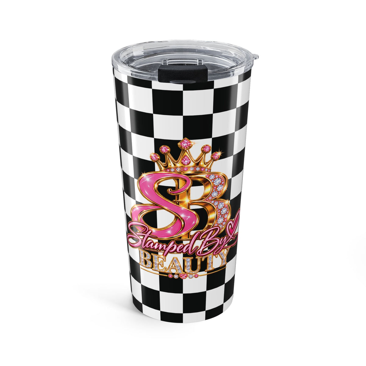 20oz Stamped By Beauty Tumbler — Black Checkerboard Crown