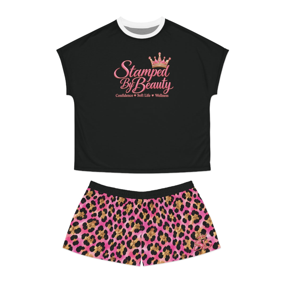 Stamped By Beauty Women's Short Pajama Set — Black Tee / Pink Leopard Shorts