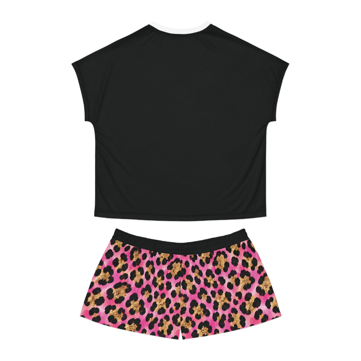 Stamped By Beauty Women's Short Pajama Set — Black Tee / Pink Leopard Shorts