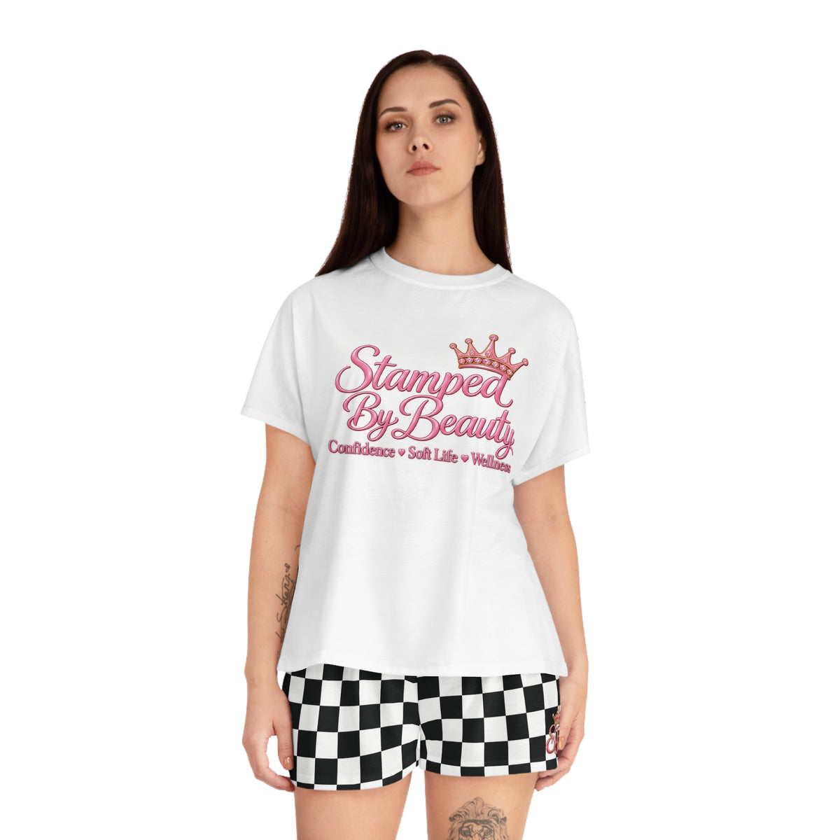 Stamped By Beauty Women's Short Pajama Set — White Tee / Checkerboard Shorts