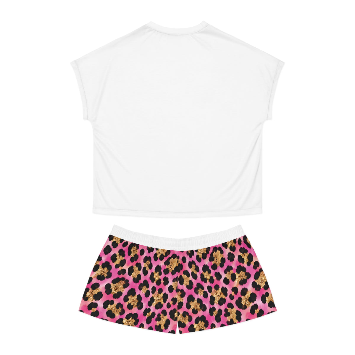 Stamped By Beauty Women's Short Pajama Set — White Tee / Pink Leopard Shorts