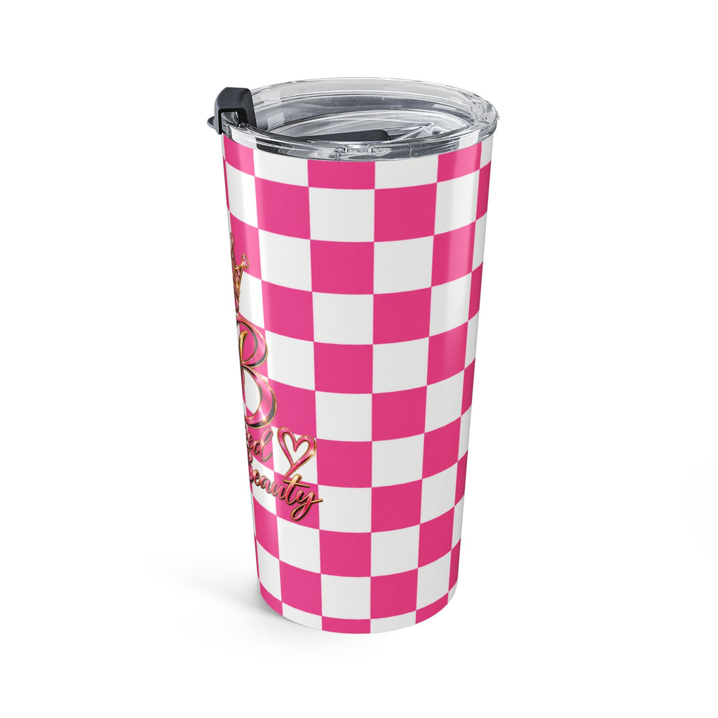 20oz Stamped By Beauty Tumbler — Pink Checkerboard Crown