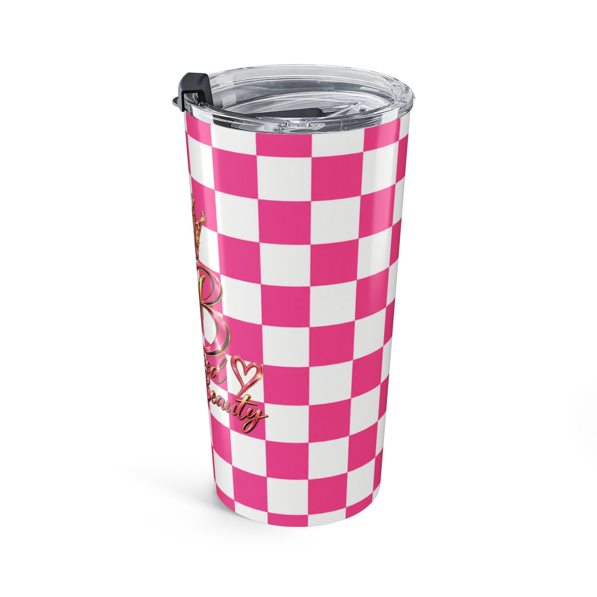 20oz Stamped By Beauty Tumbler — Pink Checkerboard Crown